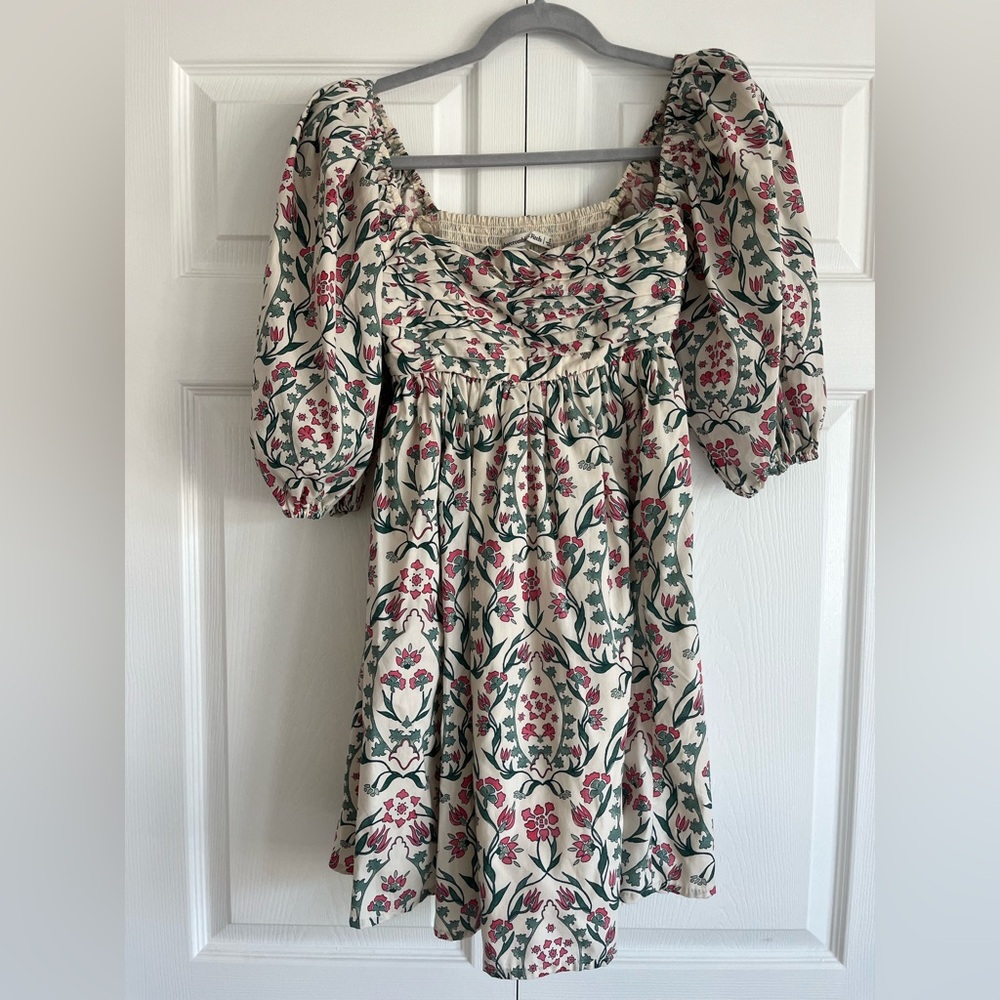 Abercrombie & Fitch Cream Floral Puff-Sleeve Long Sleeve Dress